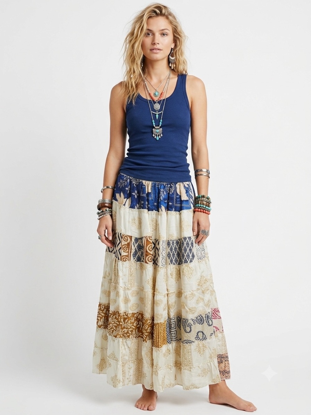 3. Boho Patchwork Sari Silk Maxi Skirt Festival Hippie Gypsy One Size India
